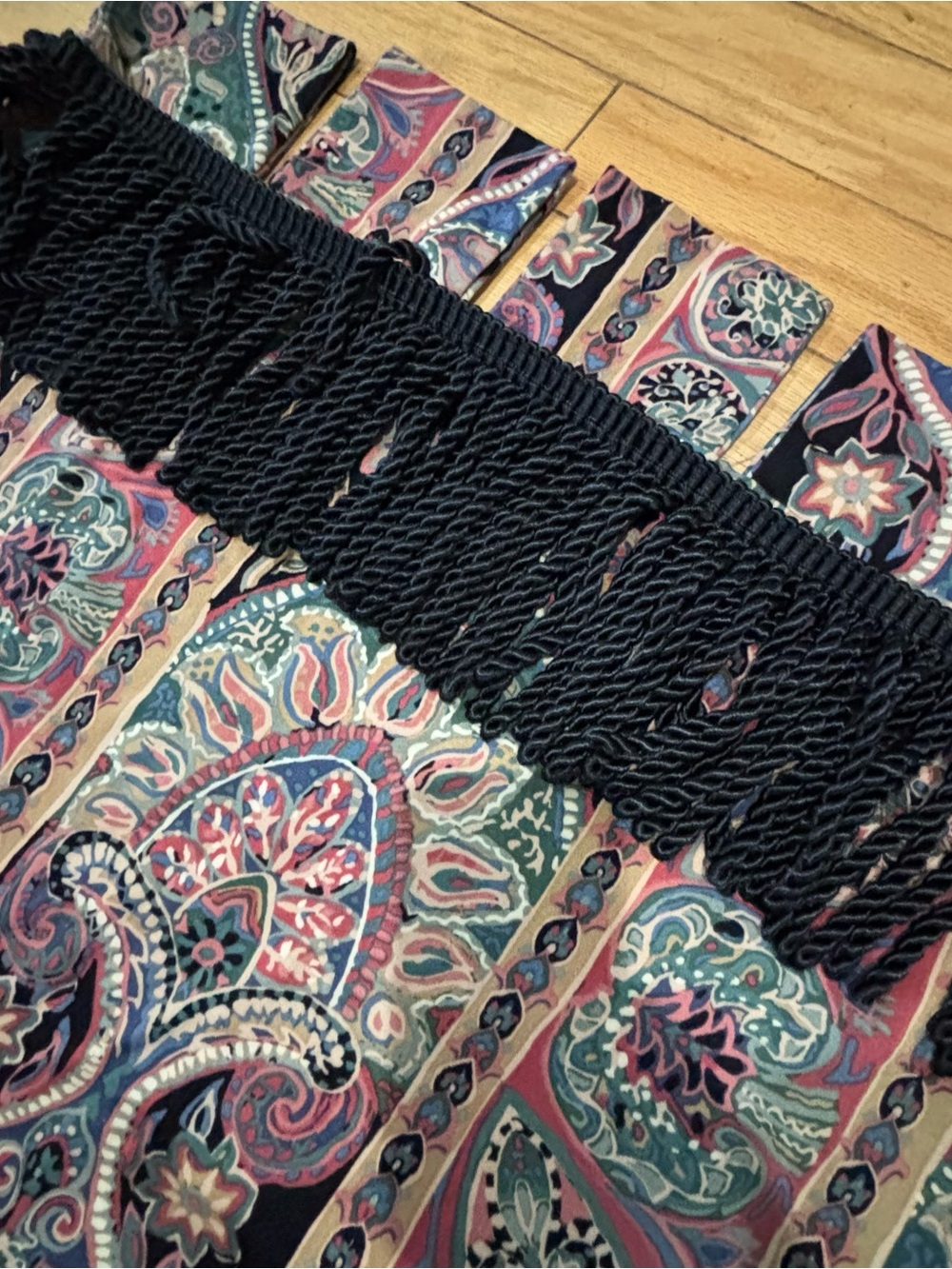 Custom Paisley Patterned Purple Window Curtains with Black Trim - Picture 3 of 4